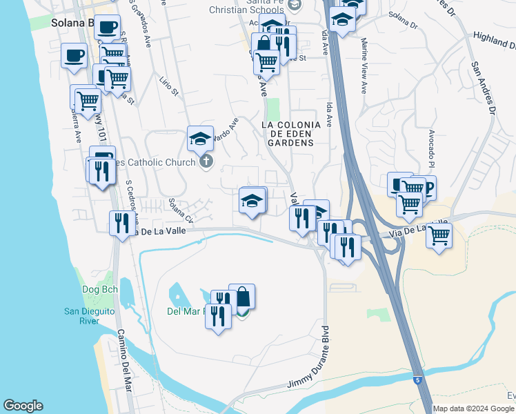 map of restaurants, bars, coffee shops, grocery stores, and more near 544 Via De La Valle in Solana Beach
