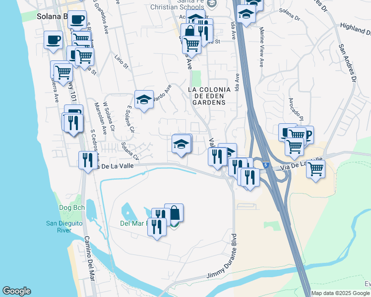 map of restaurants, bars, coffee shops, grocery stores, and more near 542 Via De Vista in Solana Beach