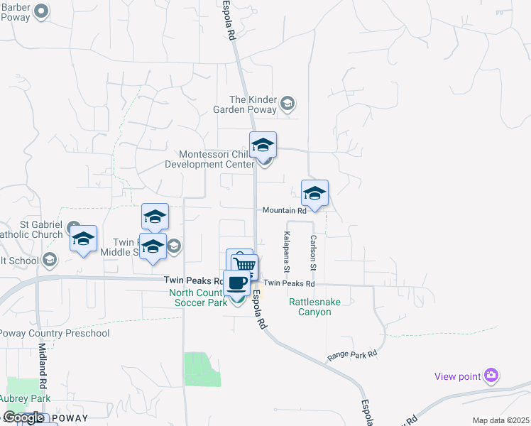 map of restaurants, bars, coffee shops, grocery stores, and more near 14729 Espola Road in Poway