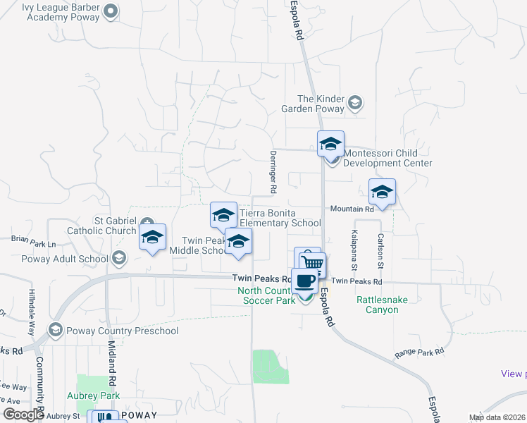 map of restaurants, bars, coffee shops, grocery stores, and more near 14042 Tierra Bonita Court in Poway
