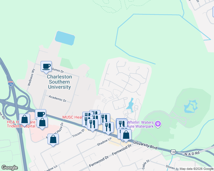 map of restaurants, bars, coffee shops, grocery stores, and more near 2656 Handford Mills Lane in Charleston