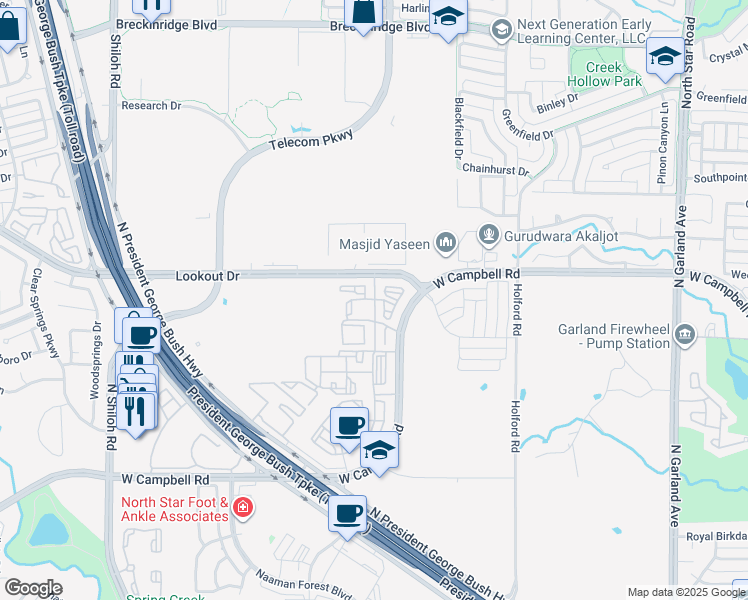 map of restaurants, bars, coffee shops, grocery stores, and more near 1740 Lookout Drive in Garland
