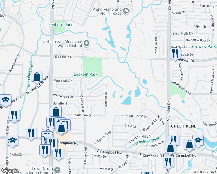 map of restaurants, bars, coffee shops, grocery stores, and more near 2310 Windsor Drive in Richardson