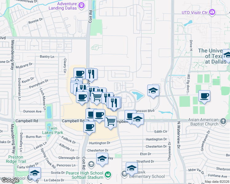 map of restaurants, bars, coffee shops, grocery stores, and more near 2220 North Coit Road in Richardson