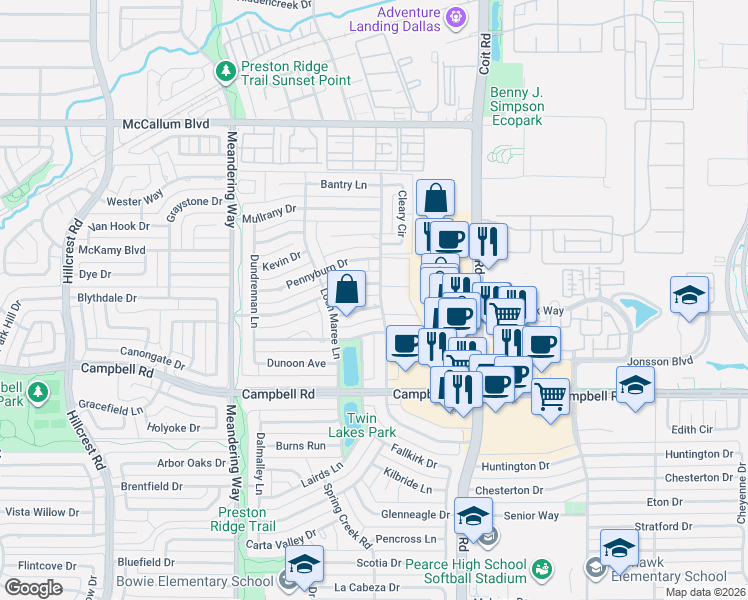 map of restaurants, bars, coffee shops, grocery stores, and more near 7712 Queens Garden Drive in Dallas
