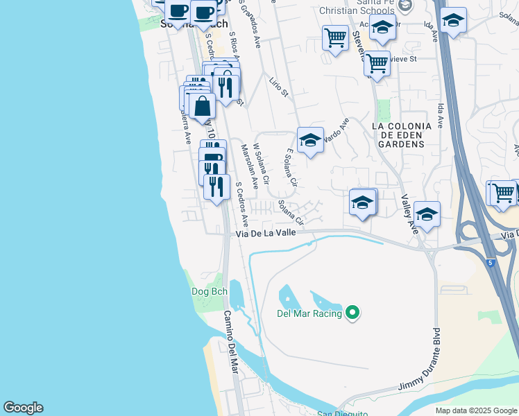 map of restaurants, bars, coffee shops, grocery stores, and more near 801 Cofair Court in Solana Beach