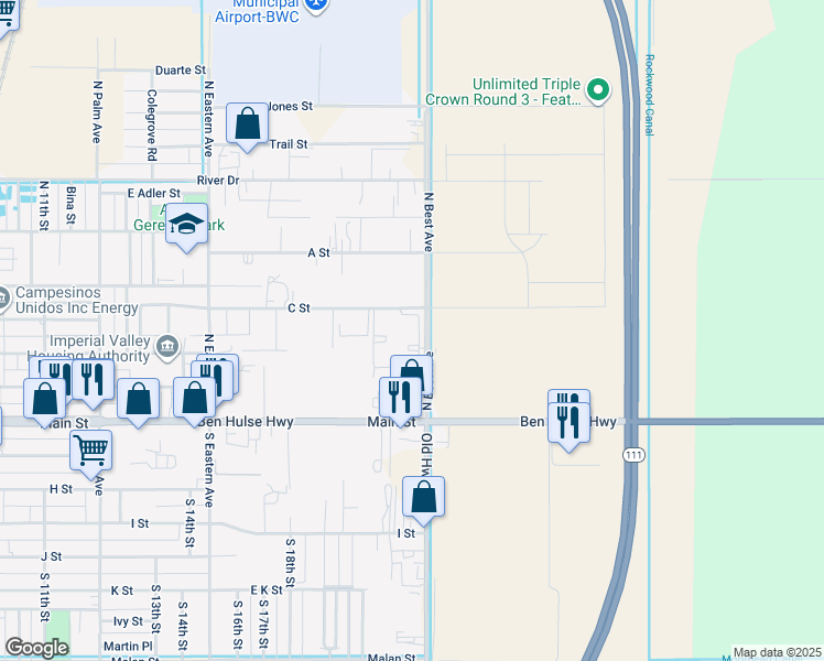map of restaurants, bars, coffee shops, grocery stores, and more near 235 North Best Avenue in Brawley