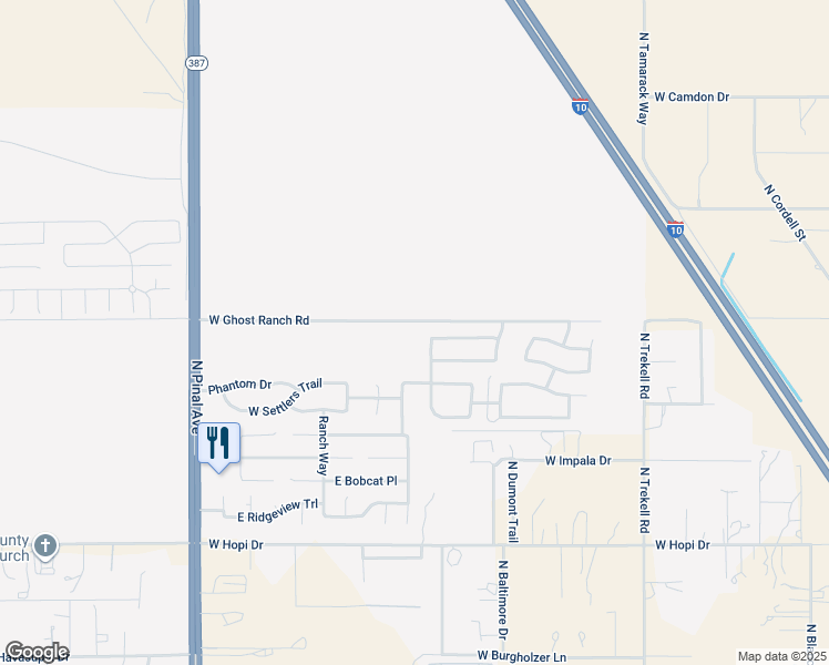 map of restaurants, bars, coffee shops, grocery stores, and more near 381 West Ghost Ranch Road in Casa Grande