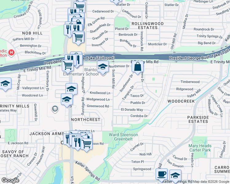 map of restaurants, bars, coffee shops, grocery stores, and more near 2102 Brentwood Lane in Carrollton