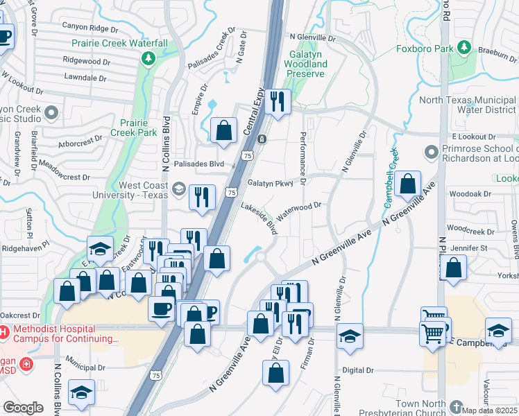 map of restaurants, bars, coffee shops, grocery stores, and more near 2400 Lakeside Boulevard in Richardson