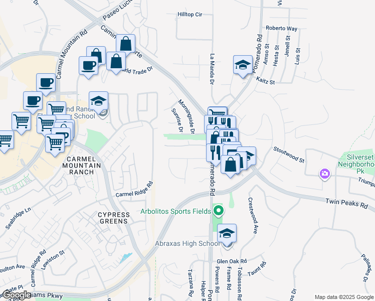 map of restaurants, bars, coffee shops, grocery stores, and more near 12305 Kozy Crest Lane in Poway