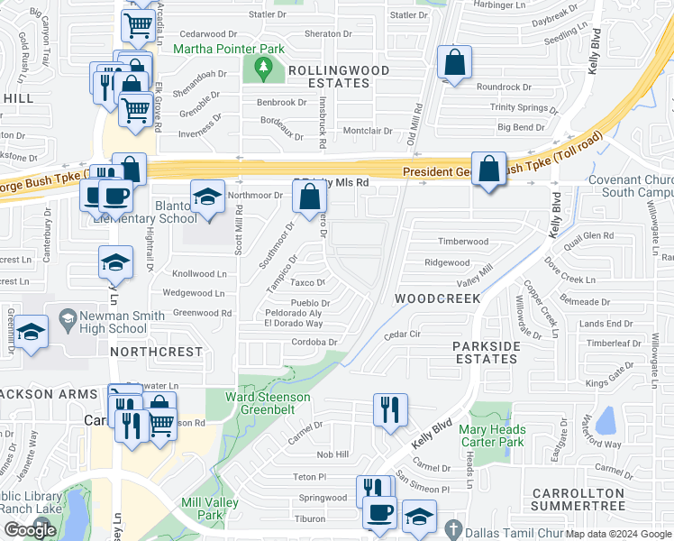 map of restaurants, bars, coffee shops, grocery stores, and more near 2428 Guerrero Drive in Carrollton
