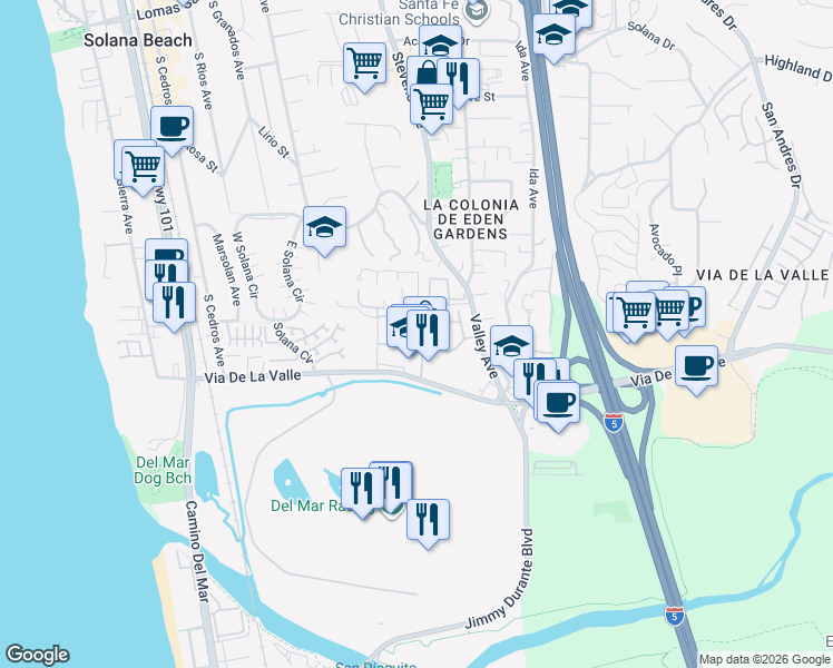 map of restaurants, bars, coffee shops, grocery stores, and more near 548 Via De Vista in Solana Beach