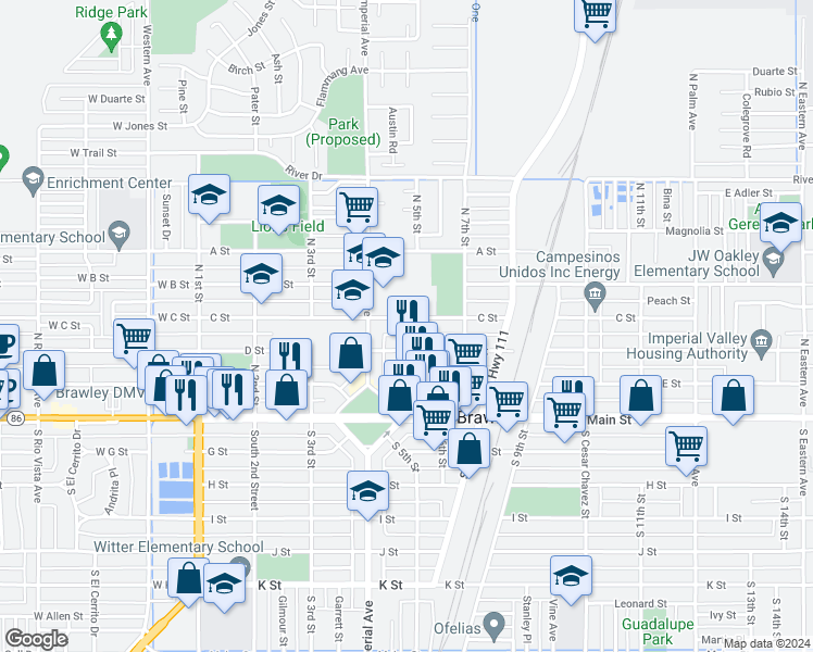 map of restaurants, bars, coffee shops, grocery stores, and more near 470 C Street in Brawley