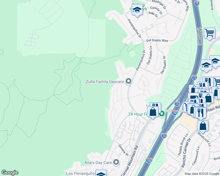 map of restaurants, bars, coffee shops, grocery stores, and more near 14676 Wye Street in San Diego