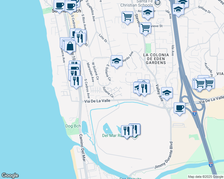 map of restaurants, bars, coffee shops, grocery stores, and more near 365 Shoemaker Lane in Solana Beach