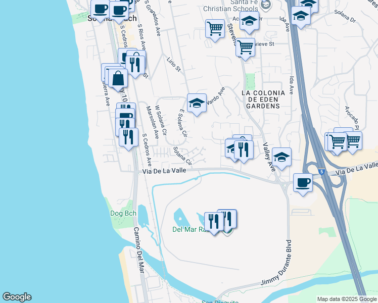 map of restaurants, bars, coffee shops, grocery stores, and more near 338 Shoemaker Court in Solana Beach