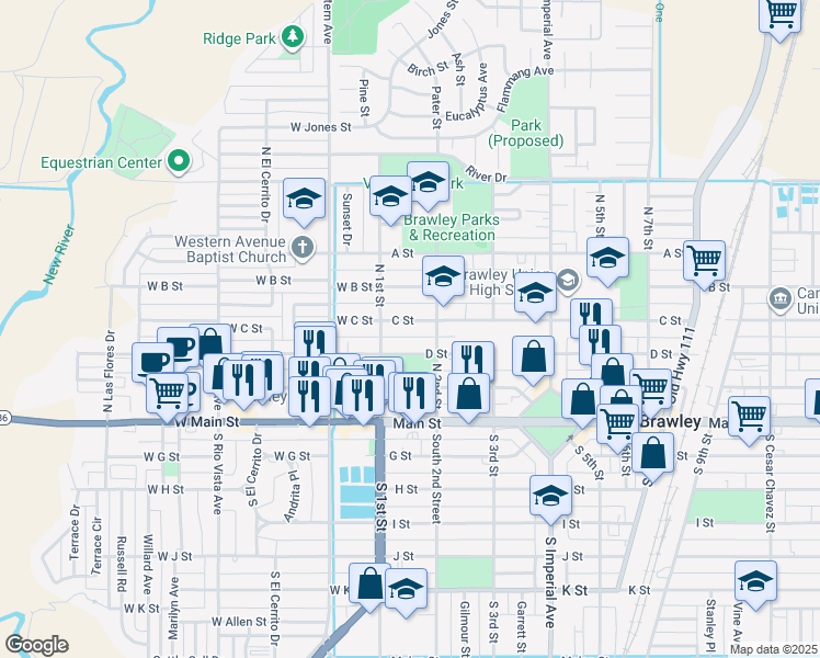 map of restaurants, bars, coffee shops, grocery stores, and more near 151 C Street in Brawley