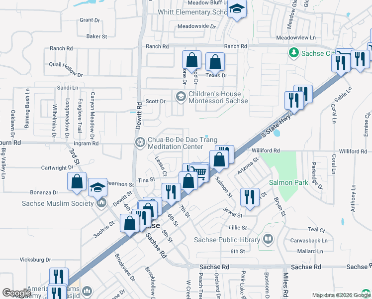 map of restaurants, bars, coffee shops, grocery stores, and more near 3408 Welch Lane in Sachse
