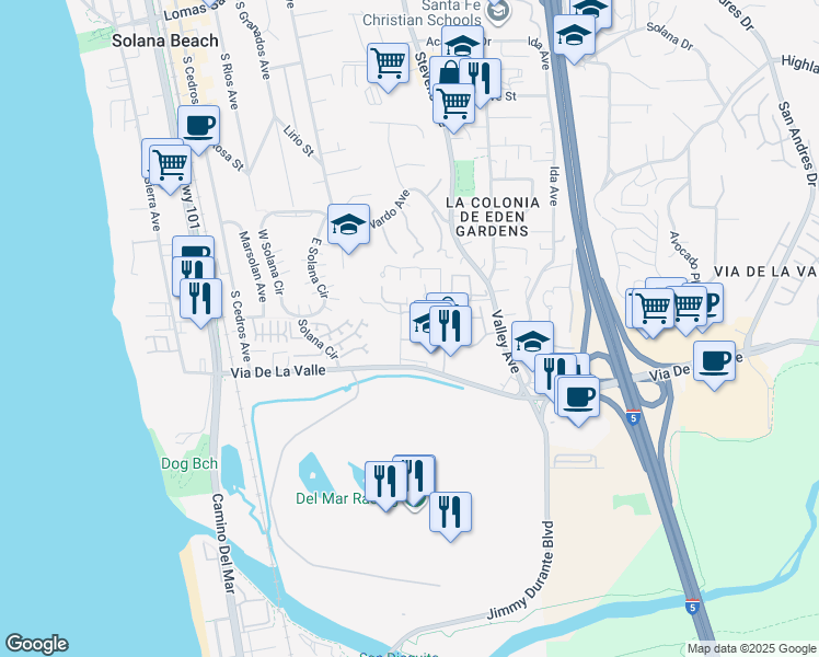 map of restaurants, bars, coffee shops, grocery stores, and more near 850 Del Mar Downs Road in Solana Beach