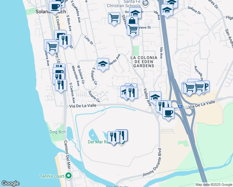 map of restaurants, bars, coffee shops, grocery stores, and more near 809 Del Mar Downs Road in Solana Beach