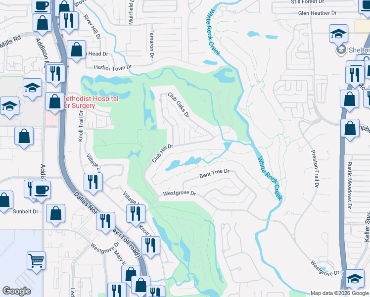 map of restaurants, bars, coffee shops, grocery stores, and more near 17102 Club Hill Drive in Dallas