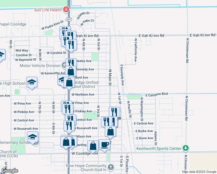 map of restaurants, bars, coffee shops, grocery stores, and more near 496 North Main Street in Coolidge