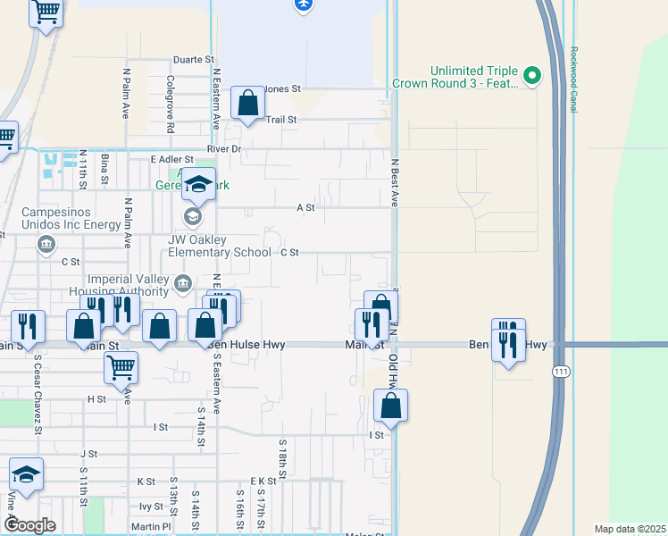 map of restaurants, bars, coffee shops, grocery stores, and more near 380 Palomino Court in Brawley