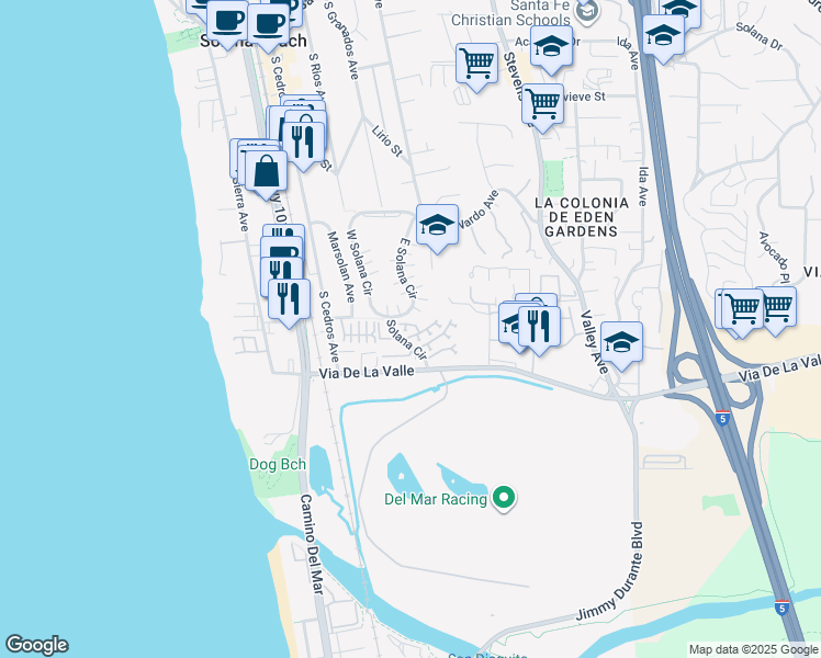 map of restaurants, bars, coffee shops, grocery stores, and more near 338 Shoemaker Court in Solana Beach