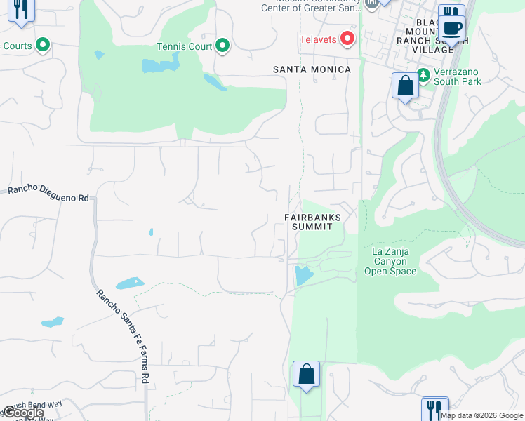 map of restaurants, bars, coffee shops, grocery stores, and more near 14801 Las Mananas in San Diego