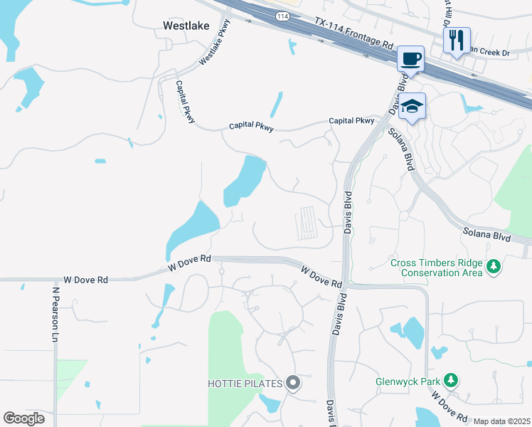 map of restaurants, bars, coffee shops, grocery stores, and more near 1 Destiny Way in Westlake