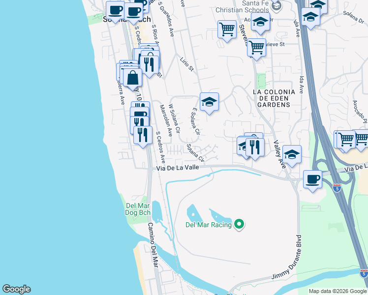 map of restaurants, bars, coffee shops, grocery stores, and more near 787 East Solana Circle in Solana Beach