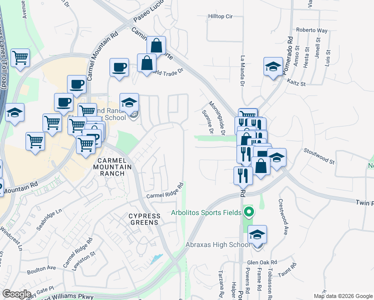 map of restaurants, bars, coffee shops, grocery stores, and more near 14724 Carmel Ridge Road in San Diego