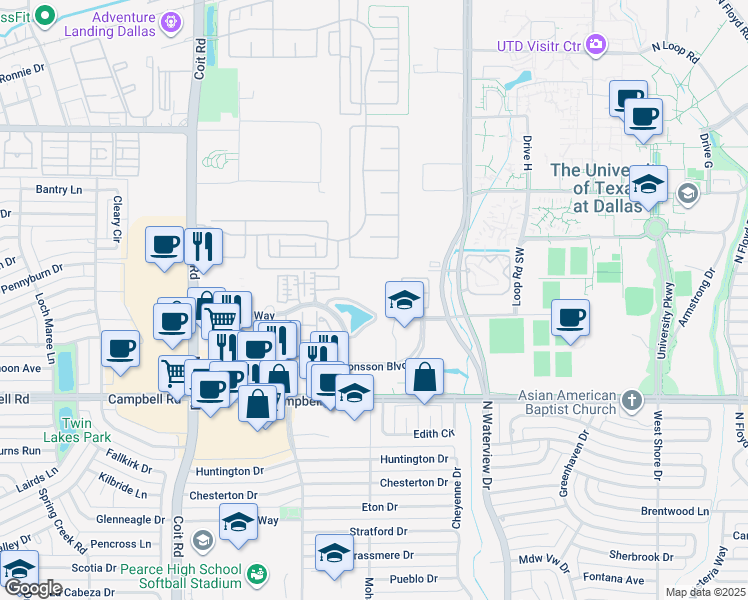 map of restaurants, bars, coffee shops, grocery stores, and more near 2140 Lake Park Boulevard in Richardson