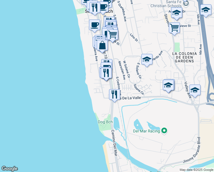 map of restaurants, bars, coffee shops, grocery stores, and more near in Solana Beach
