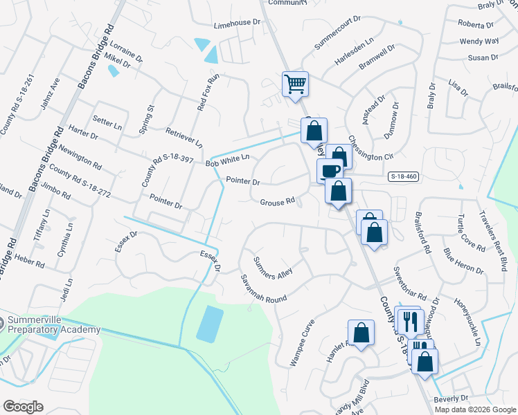 map of restaurants, bars, coffee shops, grocery stores, and more near 101 Brittany Court in Summerville