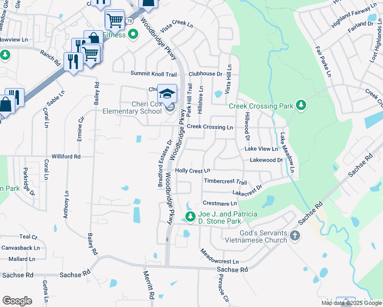 map of restaurants, bars, coffee shops, grocery stores, and more near 5908 Crestberry Ln in Sachse
