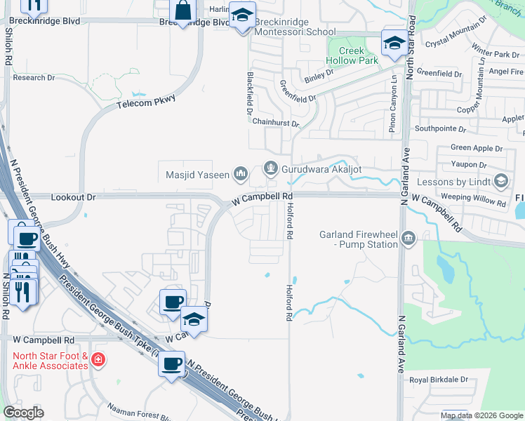 map of restaurants, bars, coffee shops, grocery stores, and more near 1506 Everett Drive in Garland