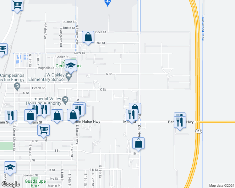 map of restaurants, bars, coffee shops, grocery stores, and more near 380 Palomino Court in Brawley