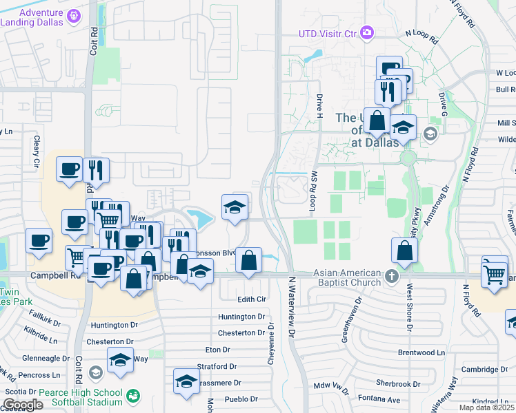 map of restaurants, bars, coffee shops, grocery stores, and more near 2211 Waterview Parkway in Richardson