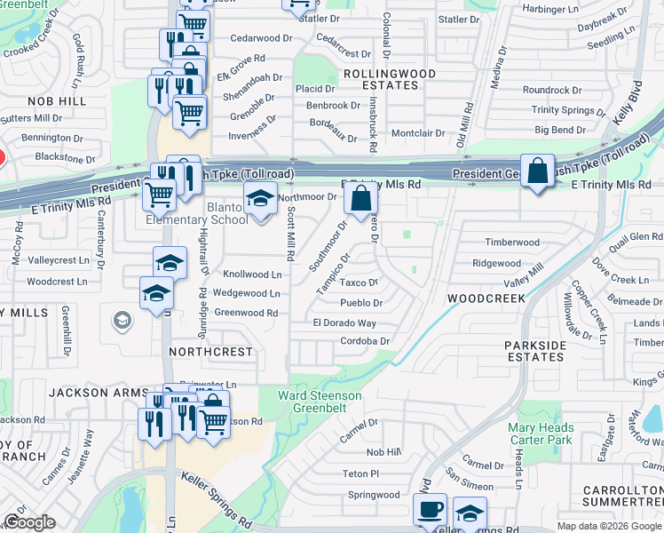 map of restaurants, bars, coffee shops, grocery stores, and more near 2125 Tampico Drive in Carrollton