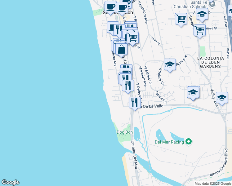 map of restaurants, bars, coffee shops, grocery stores, and more near 151 Del Mar Shores Terrace in Solana Beach