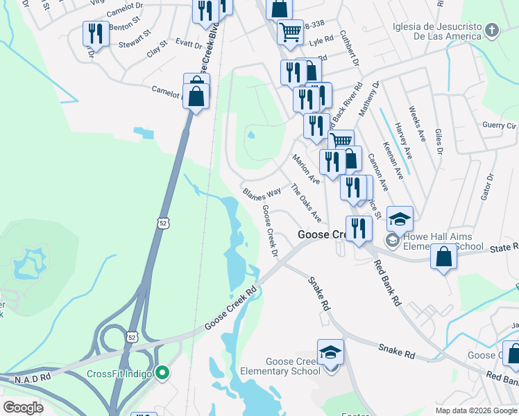 map of restaurants, bars, coffee shops, grocery stores, and more near 119 Goose Creek Drive in Goose Creek