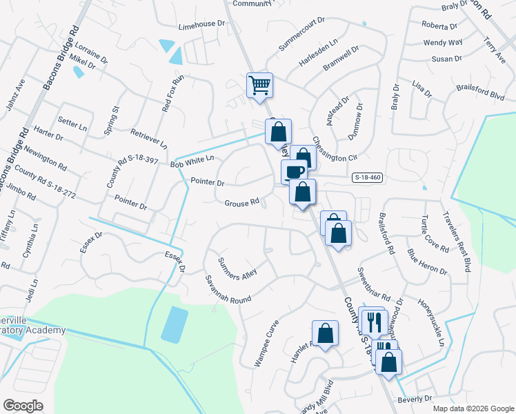 map of restaurants, bars, coffee shops, grocery stores, and more near 407 Grouse Road in Summerville