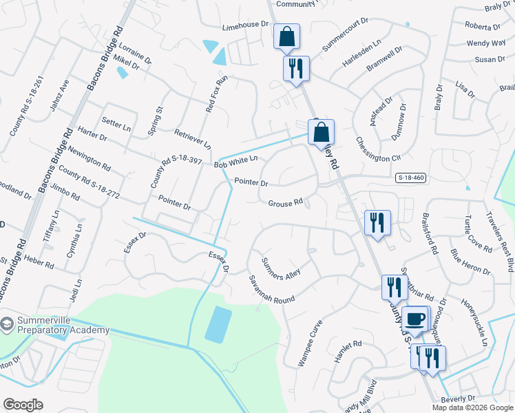 map of restaurants, bars, coffee shops, grocery stores, and more near 101 Brittany Court in Summerville