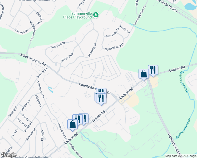 map of restaurants, bars, coffee shops, grocery stores, and more near 119 Southern Palms Boulevard in Ladson