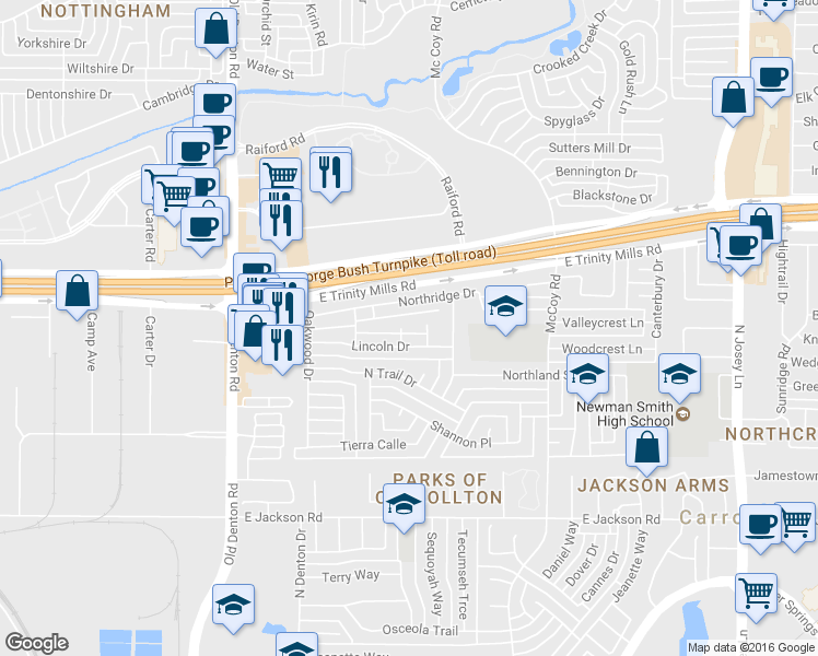 map of restaurants, bars, coffee shops, grocery stores, and more near 1419 Caroline Pl in Carrollton