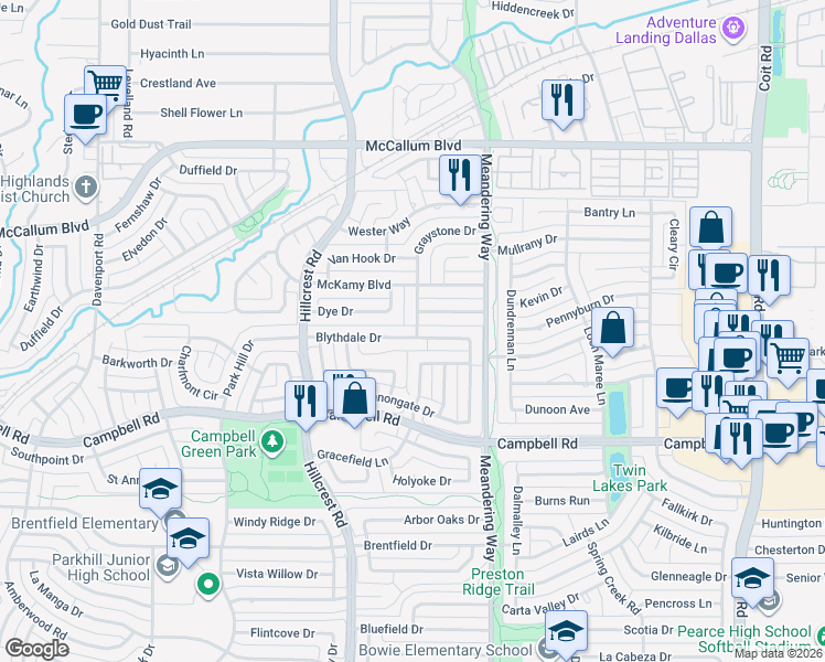 map of restaurants, bars, coffee shops, grocery stores, and more near 7259 Blythdale Drive in Dallas