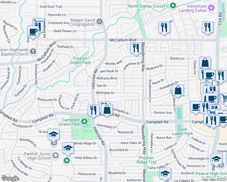 map of restaurants, bars, coffee shops, grocery stores, and more near 7229 Blythdale Drive in Dallas