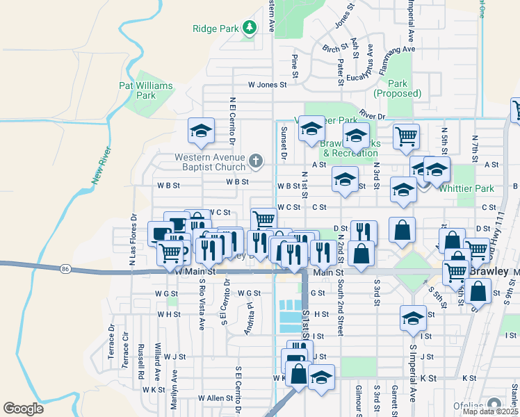 map of restaurants, bars, coffee shops, grocery stores, and more near 289 W C St in Brawley